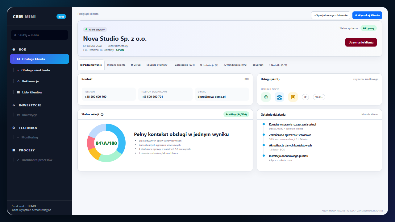 An anonymised Mini CRM customer record with services, relationship status and activity history