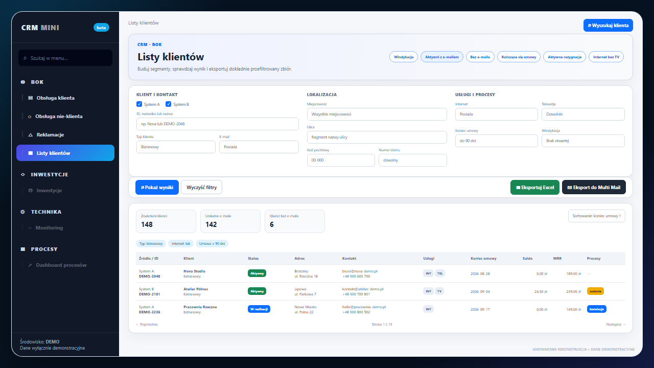 Anonimowy ekran mini CRM z filtrowaniem klientów, statusem usług i aktualnym widokiem danych